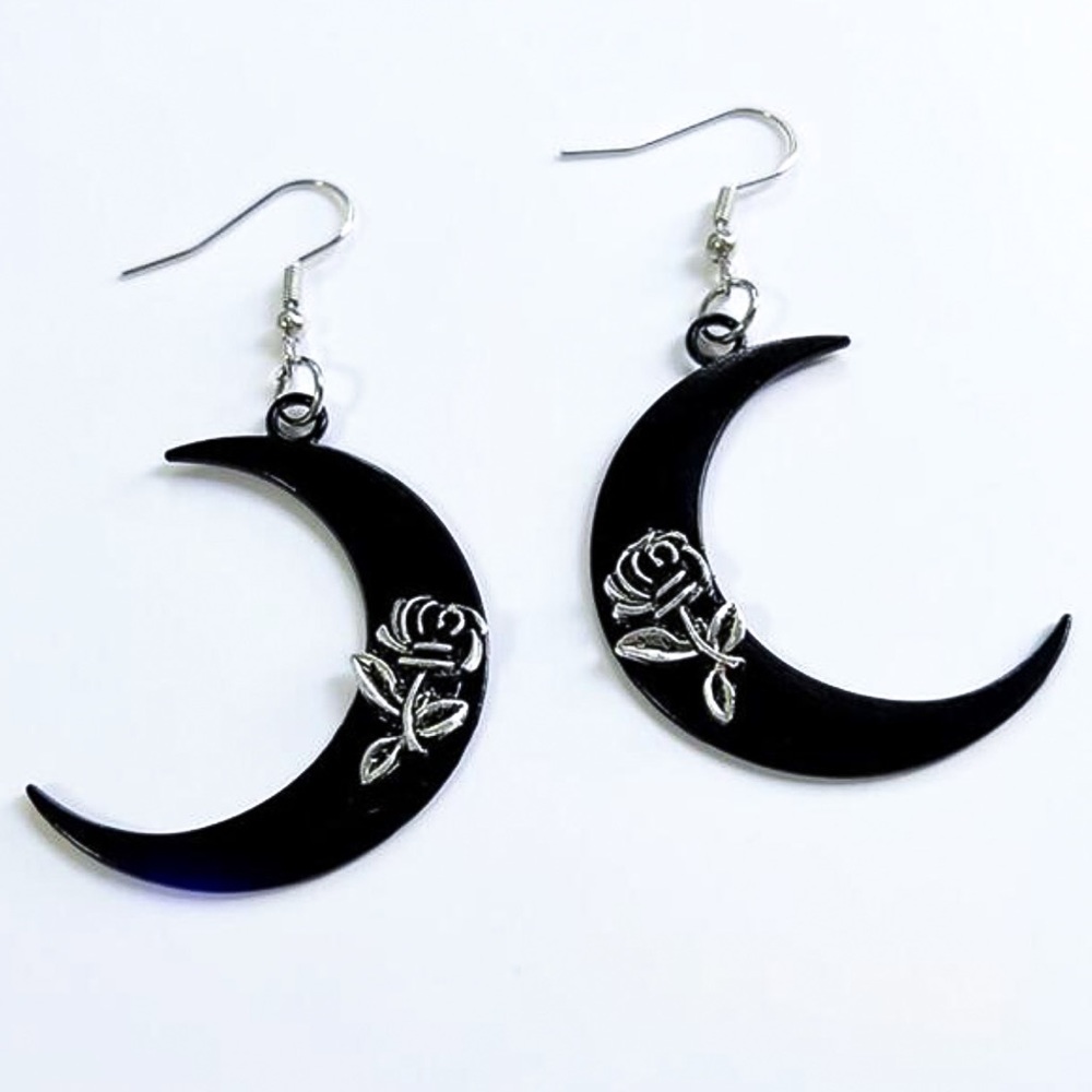 Any 3/$25! Black Crescent Moon w/Antiqued Rose Drop Earrings - Picture 6 of 9